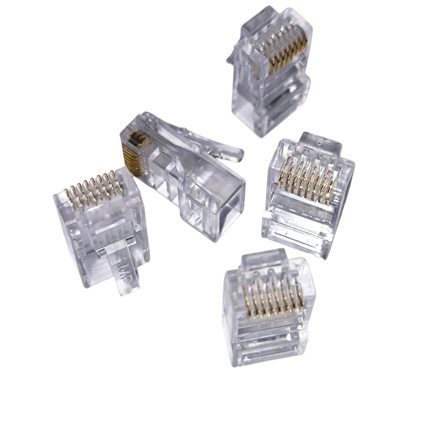 Clear telephone connectors on a white background AMP CAT6 RJ45 Connector Pass Through Type ( 5PCS) Per Order Electx Electrical Supply