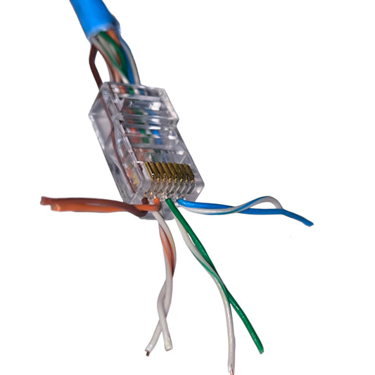 Ethernet cable connector with wires on a white background AMP CAT6 RJ45 Connector Pass Through Type Electx Electrical Supply