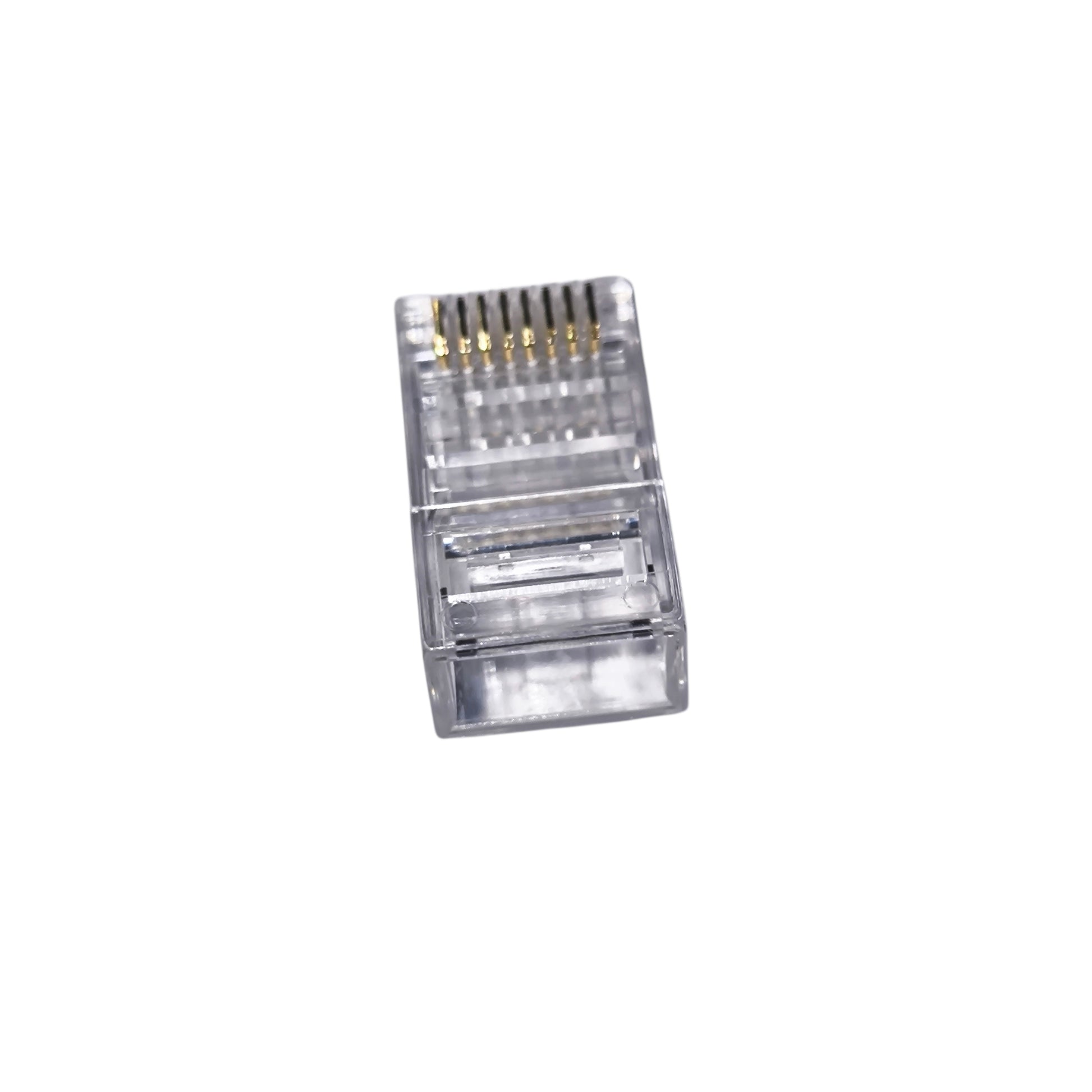 Clear Ethernet cable connector on a white background AMP CAT6 RJ45 Connector Pass Through Type Electx Electrical Supply