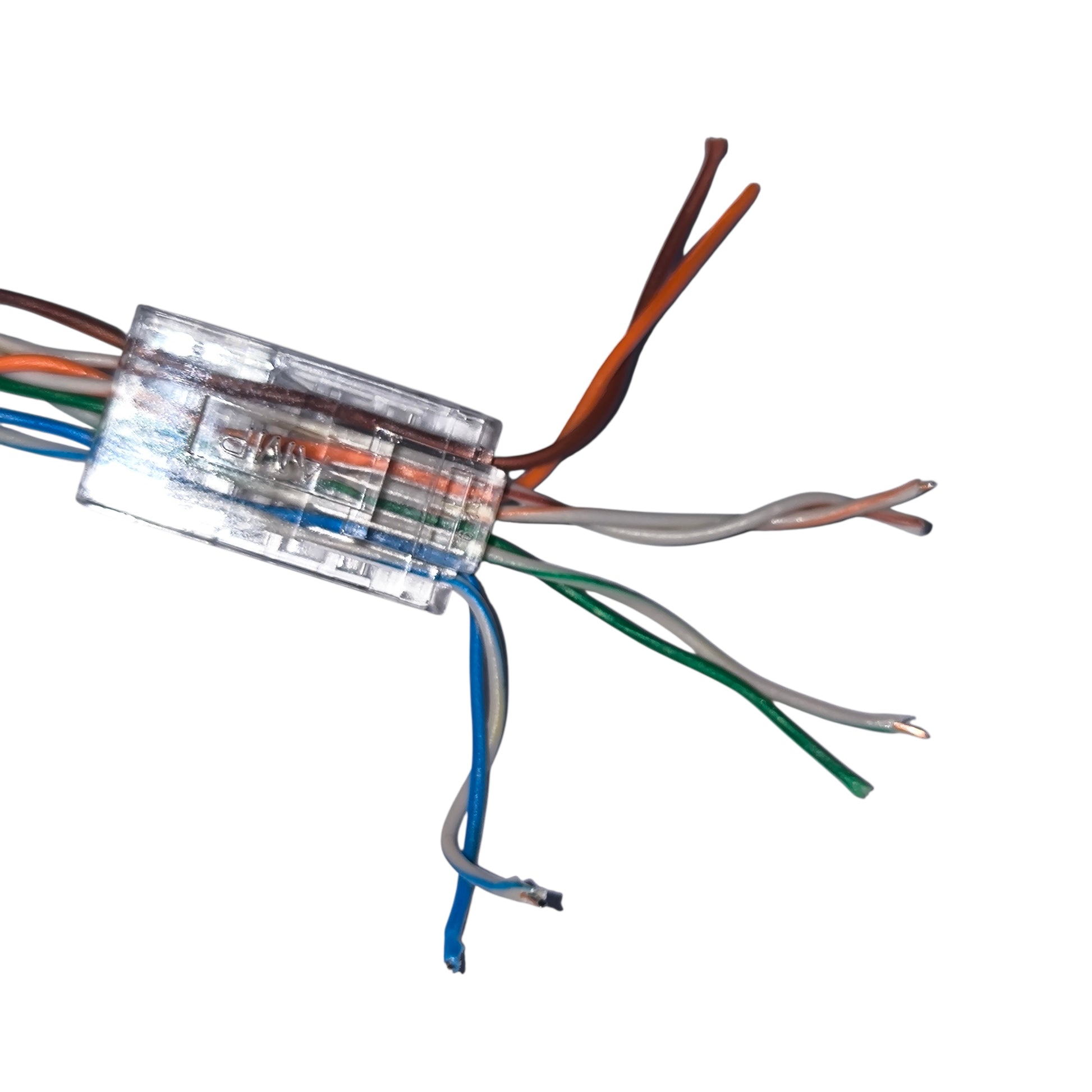 Close-up of a network cable connector with multicolored wires on a white background AMP CAT6 RJ45 Connector Pass Through Type Electx Electrical Supply