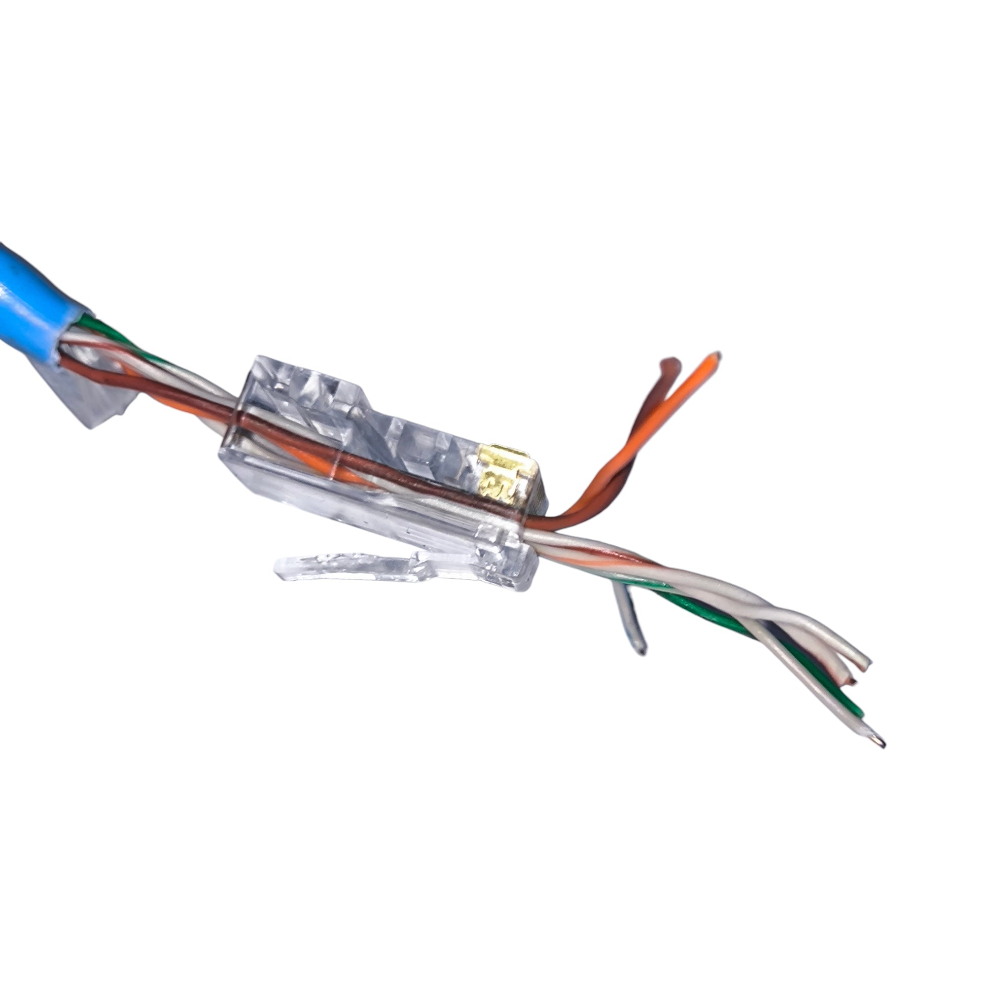 Close-up of a wire connector with exposed wires on a white background AMP CAT6 RJ45 Connector Pass Through Type Electx Electrical Supply