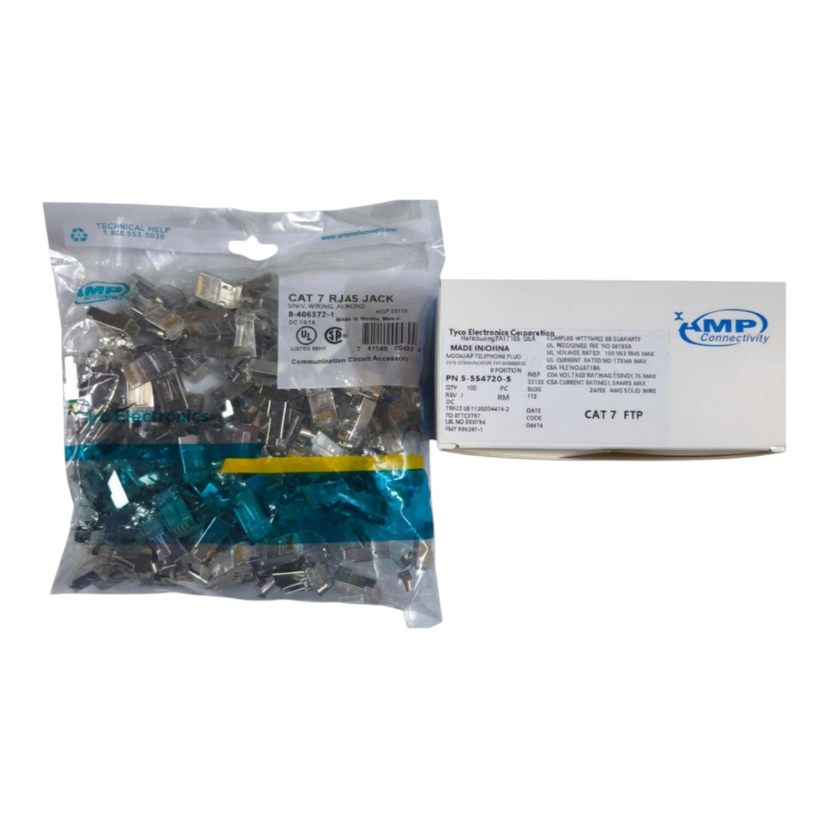 A clear plastic bag containing many small electronic connectors or clips, placed next to a white product box. The bag has blue branding and a label reading CAT 7 RJ45 JACK, and the box shows YMP Electronics and CAT 7 FTP.