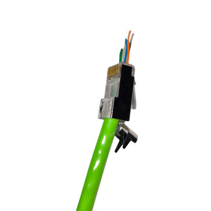 A close-up of a green Ethernet cable showing the RJ45 connector with several colored wire strands exposed, secured with black tape and a black cable tie, on a plain white background.