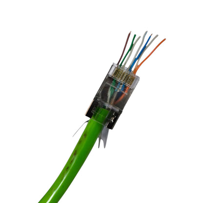 A close-up of a green Ethernet cable connector showing the RJ45 plug with exposed multicolored wire pairs inside a clear plastic housing, isolated on a white background.