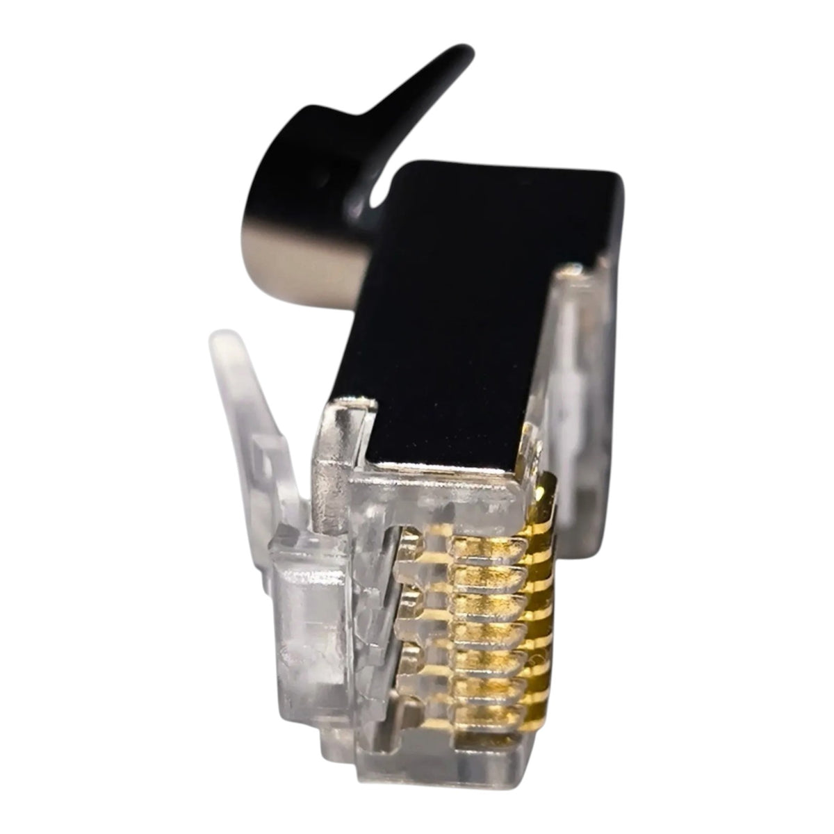 RJ45 network ethernet connector with gold-plated pins, clear plastic housing, and a black rubber dam, isolated on a white background.