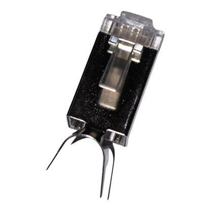 A small black electronic component with a clear plastic top cover, silver metal contacts, and two thin metal leads, shown on a plain white background.