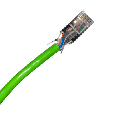 A close-up of a green Ethernet cable with a RJ45 connector, showing the internal multi-colored wires, on a plain white background.