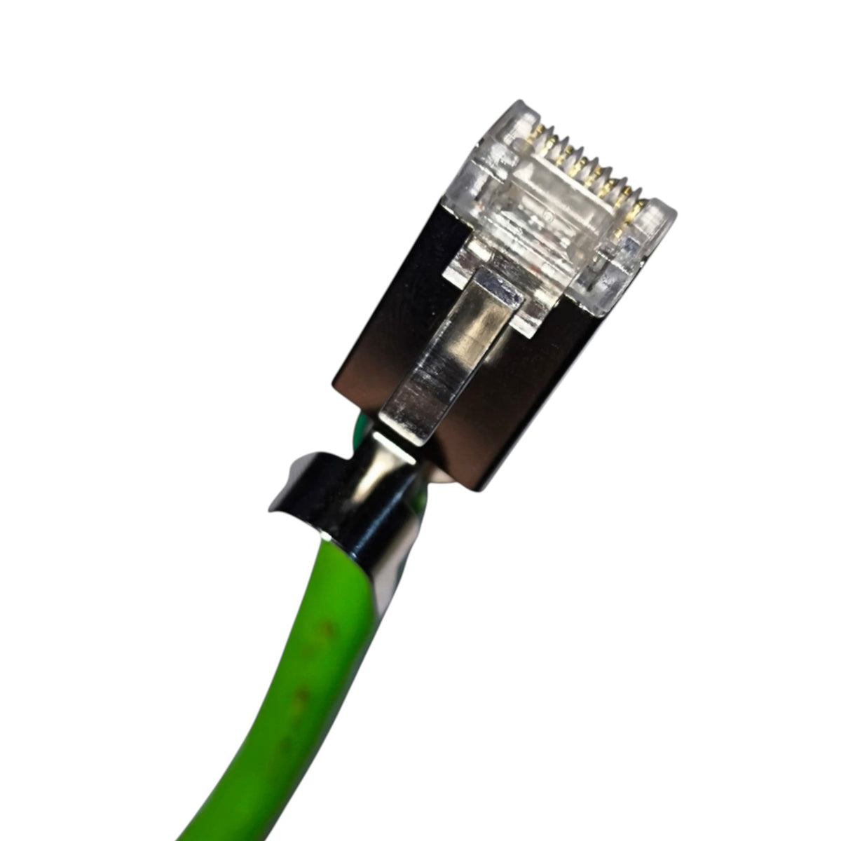A close-up of a green Ethernet cable with a RJ45 connector, showing the clear plastic locking mechanism and gold-toned pins against a white background.