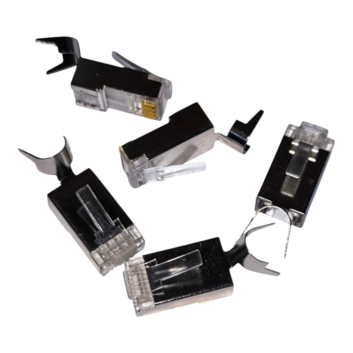 Five RJ45 Ethernet network connectors shown from different angles on a plain white background.