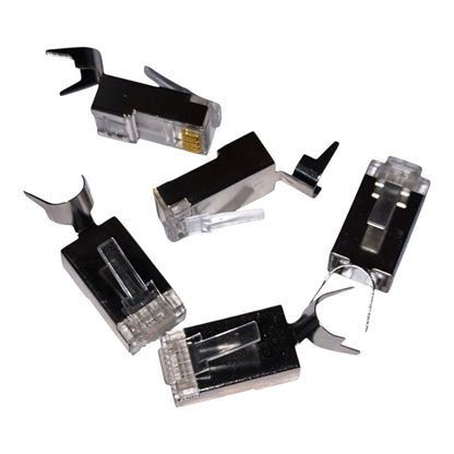 Five RJ45 Ethernet network connectors shown from different angles on a plain white background.