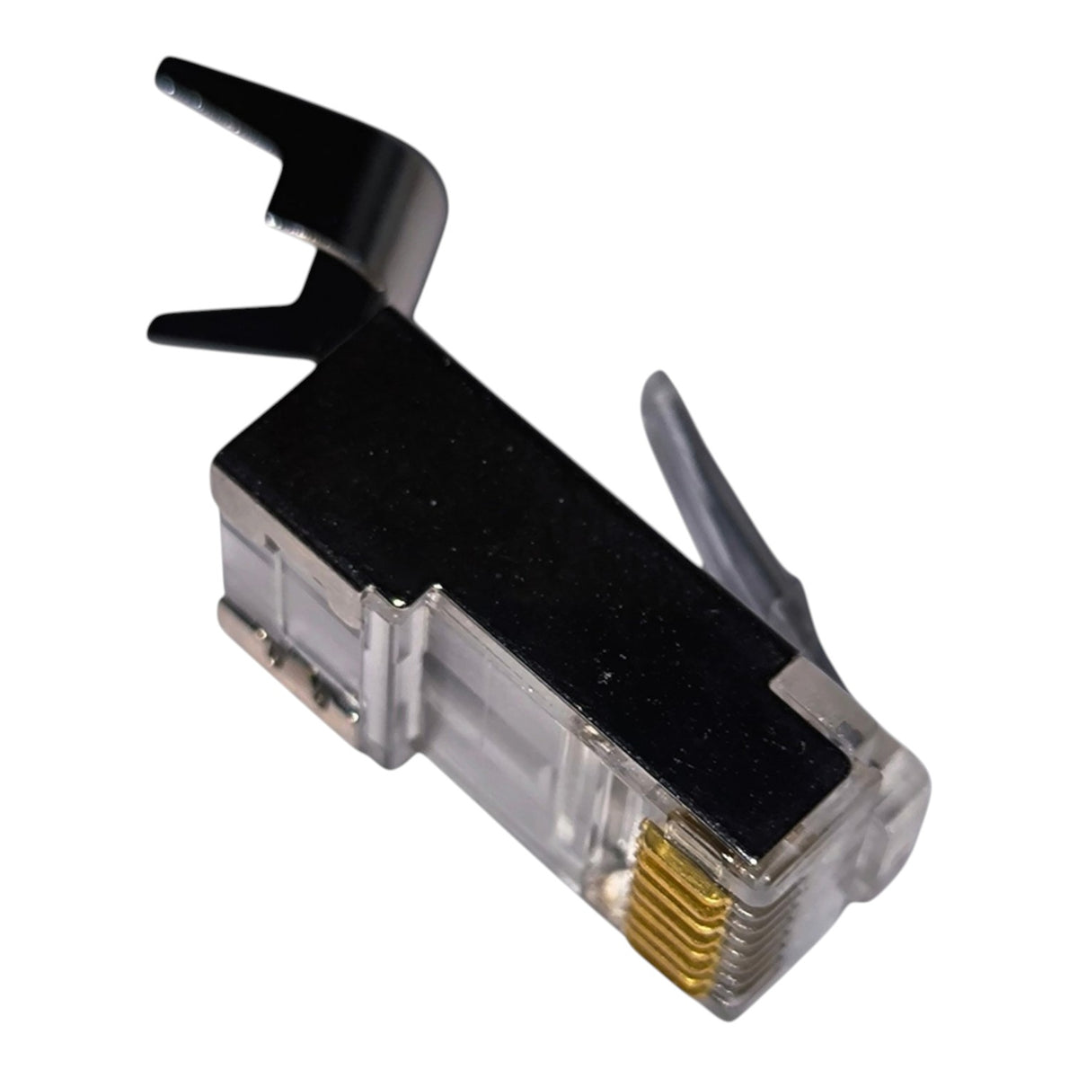 RJ45 network ethernet connector with a black plastic frame, clear plastic housing, gold-plated pins, and black shielding tabs, isolated on a white background.