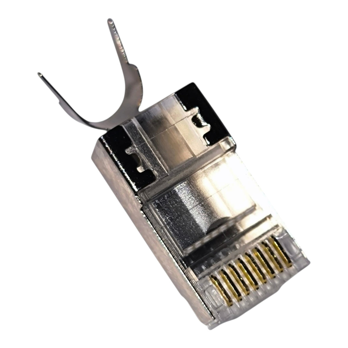 A single RJ45 Ethernet connector with a metal shielded frame, gold-plated pins, and a silver U-shaped grounding tab, isolated on a white background.