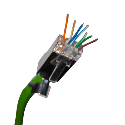 A close-up of a RJ45 Ethernet connector showing eight colored network wires inside a clear plastic housing, attached to a green cable on a white background.