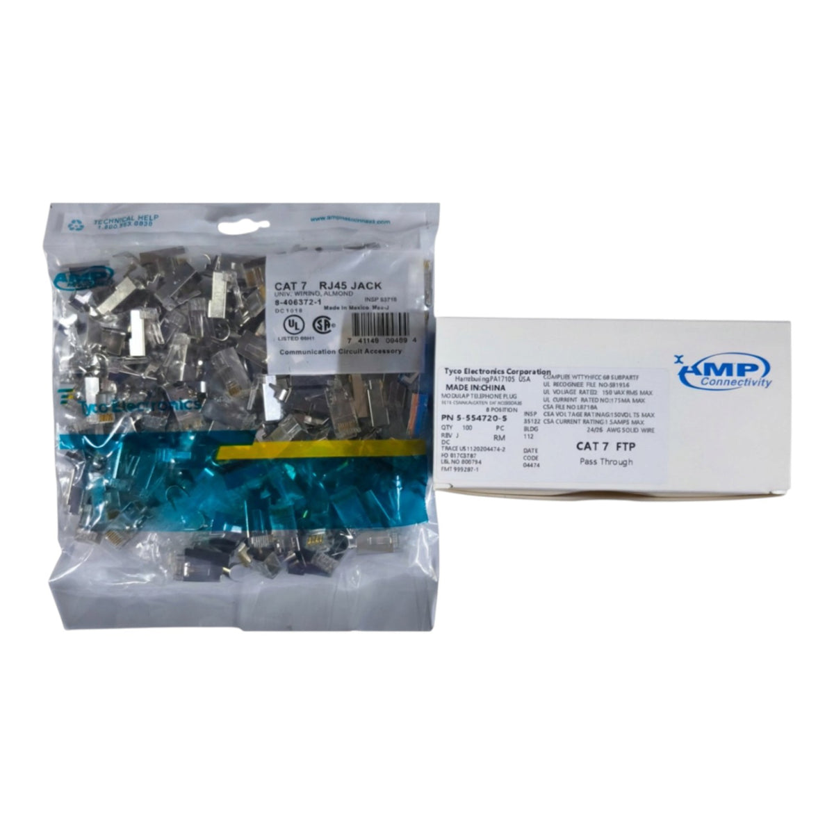 A clear plastic bag filled with small electronic relay components next to its white cardboard packaging box. The packaging shows the brand name TMP and the product type CAT 7 Relay Jack.