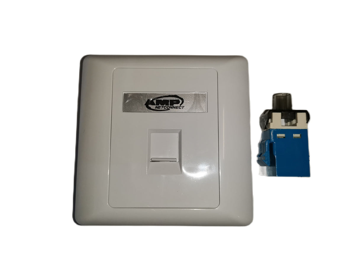 AMP CAT 6 LAN outlet with white wall plate and blue connector for network connectivity