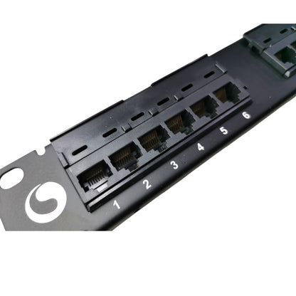 A black 6-port RJ45 network switch panel with numbered ports 1 through 6 and a white stylized logo on the left side, shown on a plain white background.