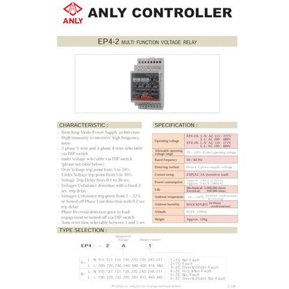 A technical datasheet page for the ANLY EP4-2 Multi Function Voltage Relay, featuring product specifications, a circuit diagram, and a pin-out table on a white background.