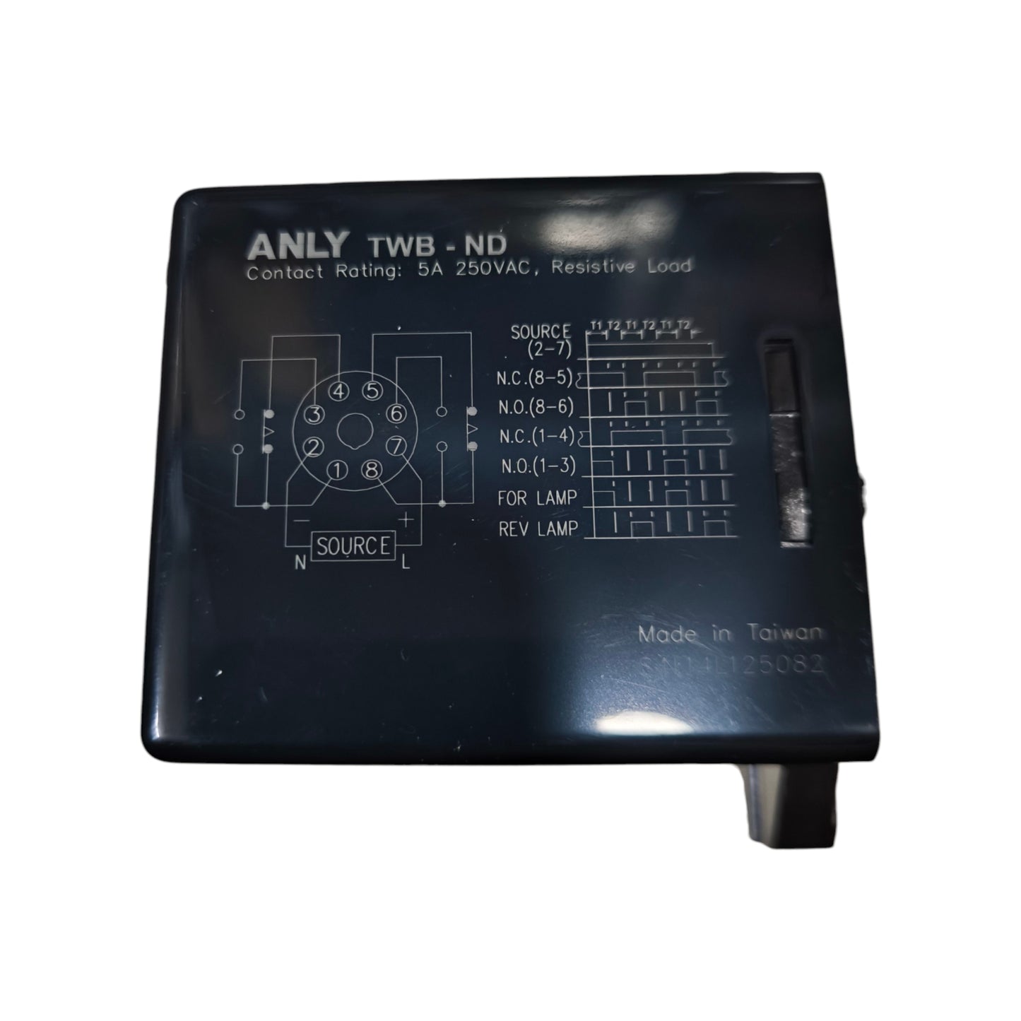 Electrical component with 'ANLY' branding and technical diagrams on a white background