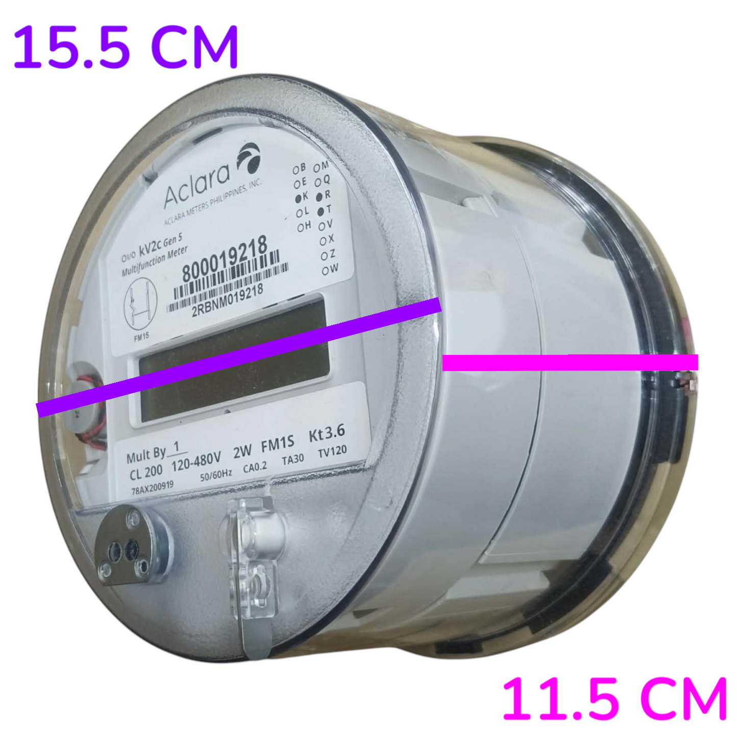 A cylindrical electrical meter shown on a plain white background with purple dimension labels reading 15.5 CM across the top and 11.