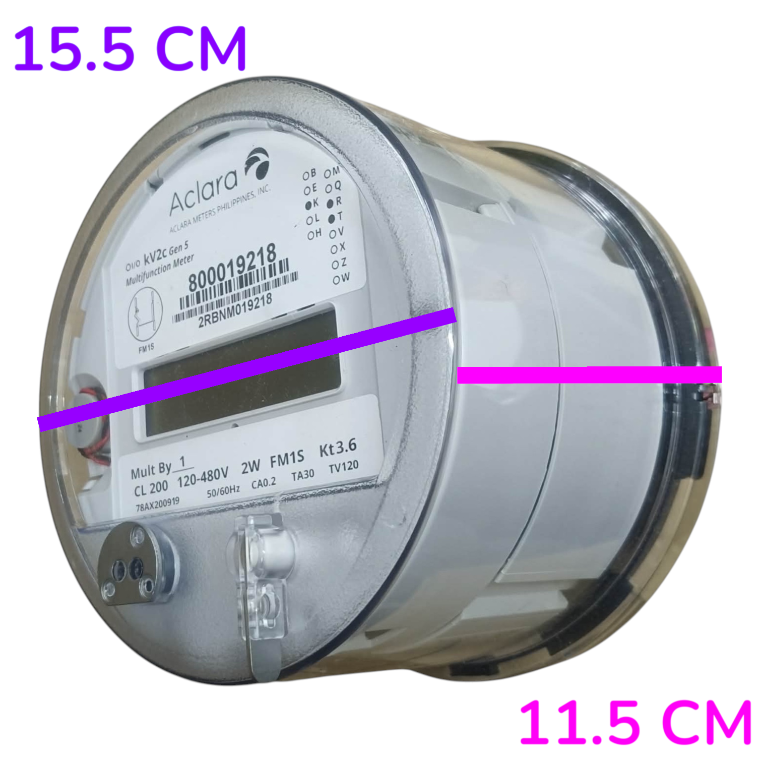 A cylindrical electrical meter shown on a plain white background with purple dimension labels reading 15.5 CM across the top and 11.