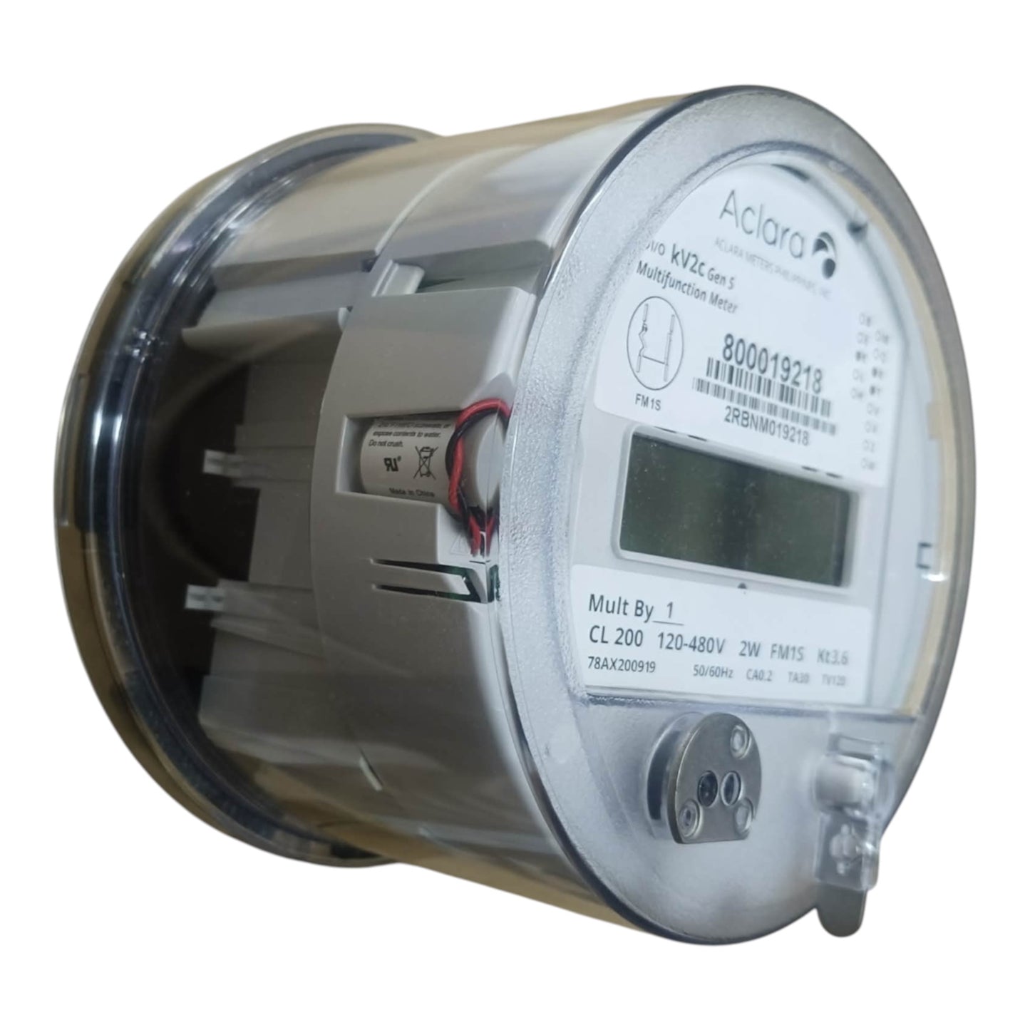 An Aclara multi-function meter with a silver metal body, clear protective casing, and a digital display screen, isolated on a white background.