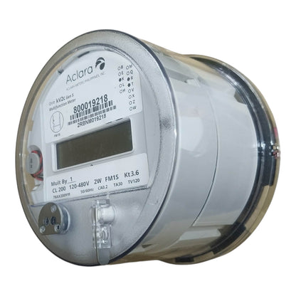 An Aclara smart meter with a silver metal body, a clear protective plastic casing, and a digital display screen on the front face.