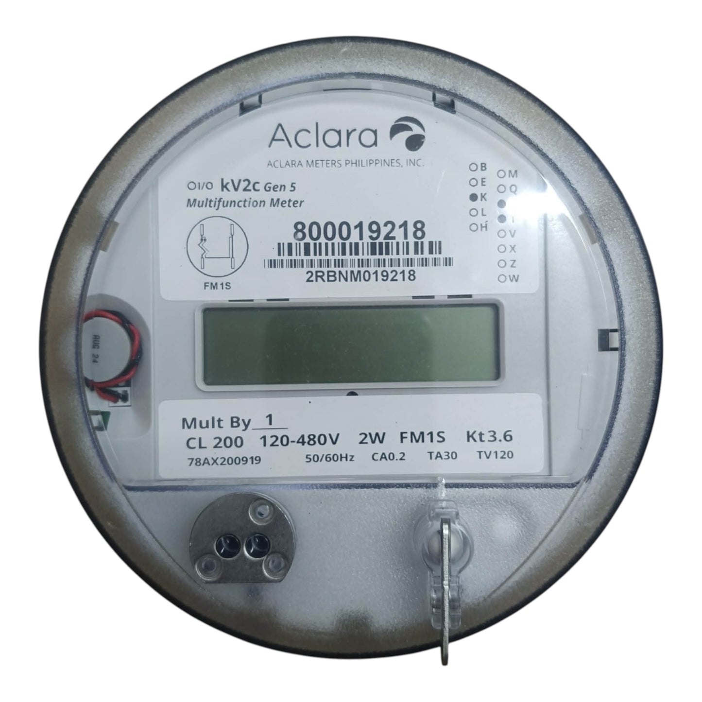 An Aclara multifunction electricity meter with a digital LCD screen, protective circular casing, and technical specifications printed on the front.