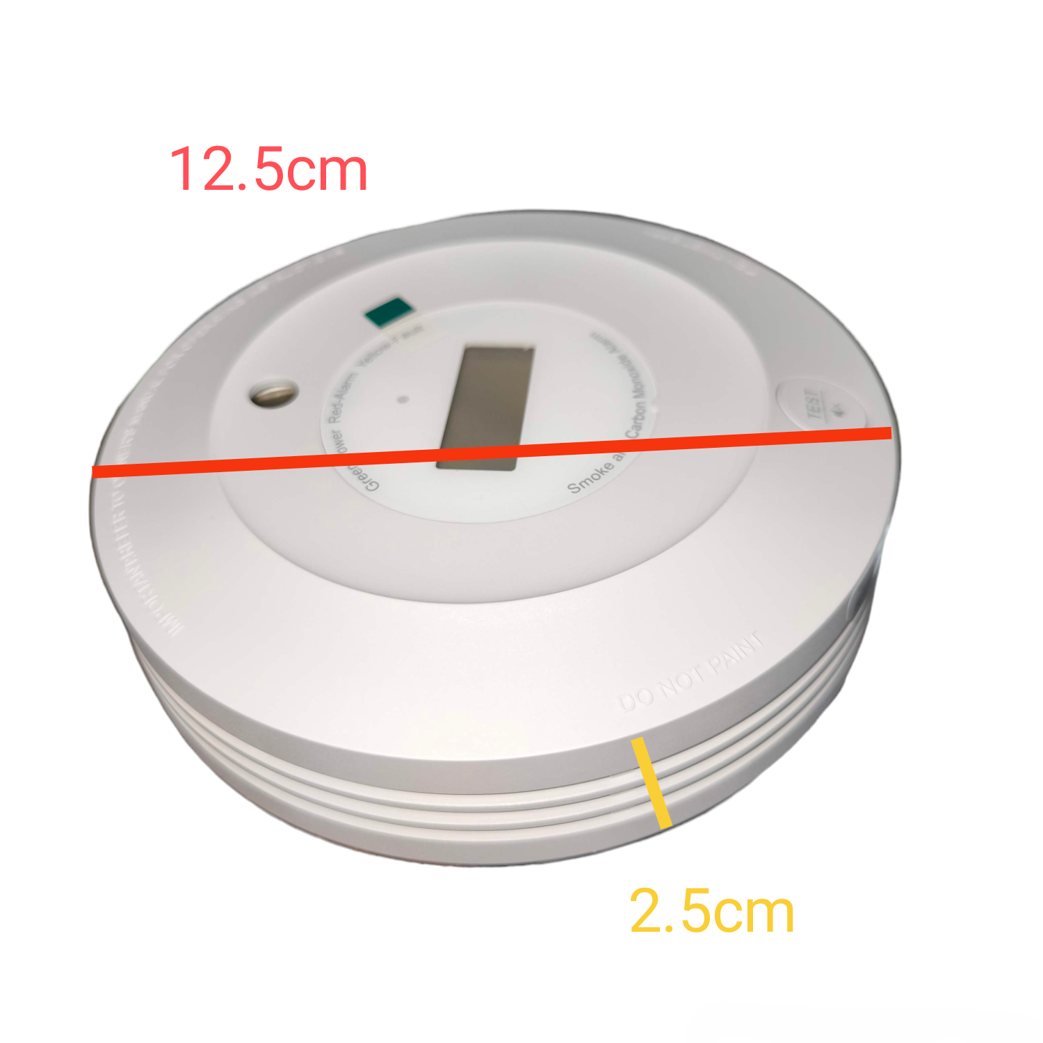 Aegislink Smoke Alarm with Carbon Monoxide detector showing dimensions 12.5 cm diameter and 2.5 cm thickness