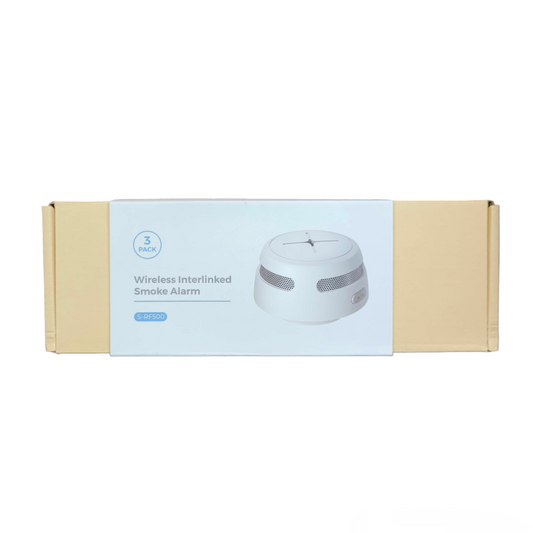 Aegislink wireless interlinked smoke alarm 3 pack in beige and white packaging for home security