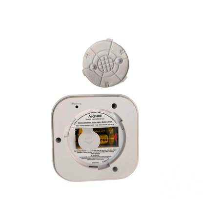 Aegislink wireless interlinked smoke alarm device showing the front and back components for home security