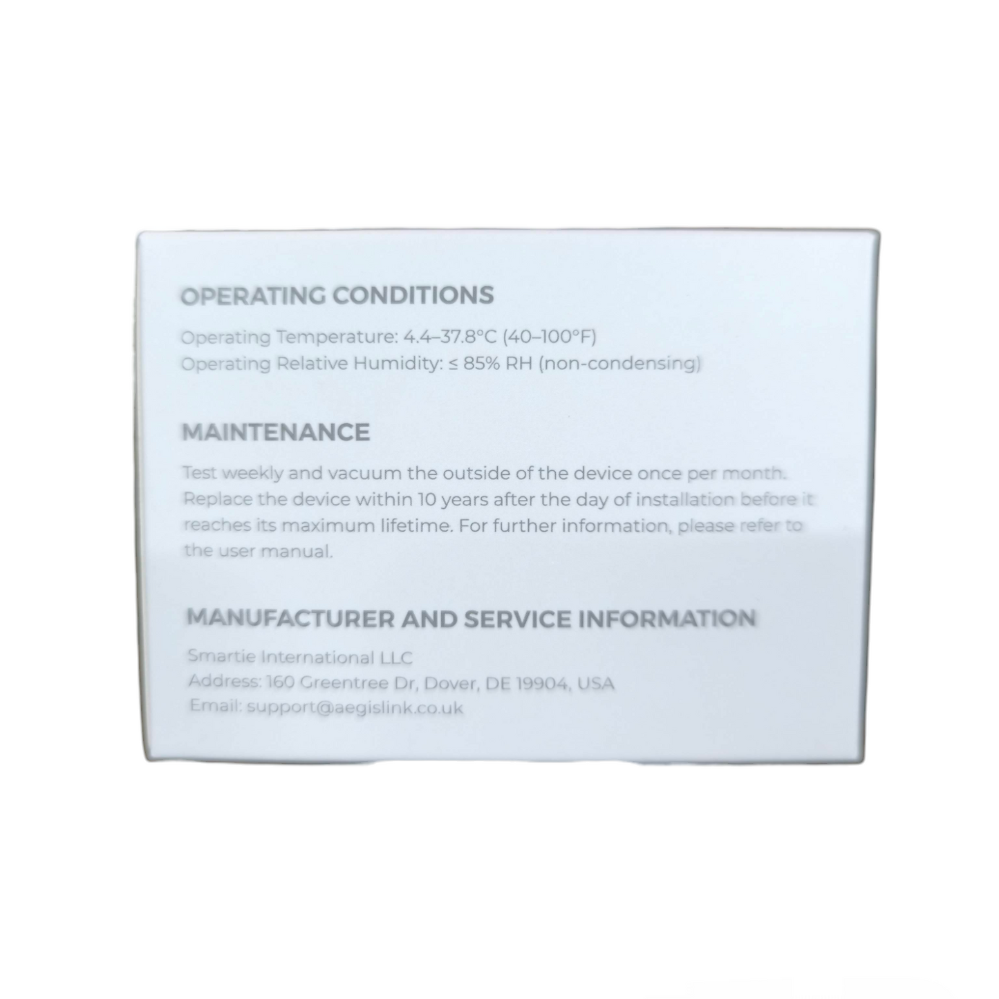 Aegislink wireless interlinked smoke alarm product information label showing operating conditions and maintenance details