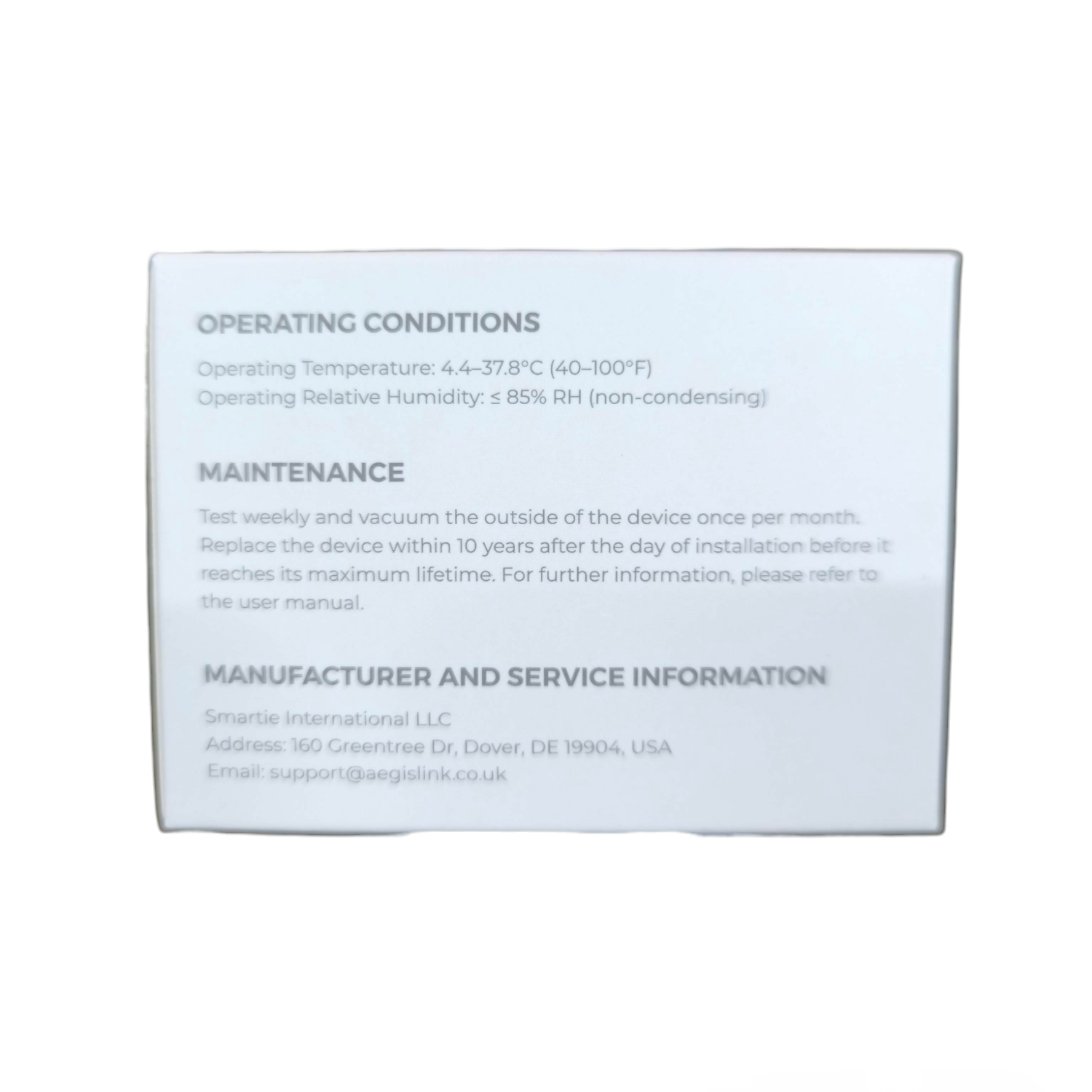 Aegislink wireless interlinked smoke alarm product information label showing operating conditions and maintenance details