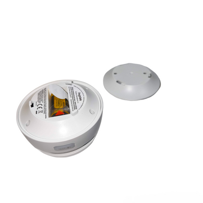 Aegislink wireless interlinked smoke alarm with round white design and mounting base for home security
