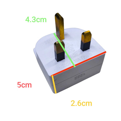 A UK three-pin wall plug with overlaid dimension labels showing 4.3cm, 5cm, and 2.6cm on a plain white background.