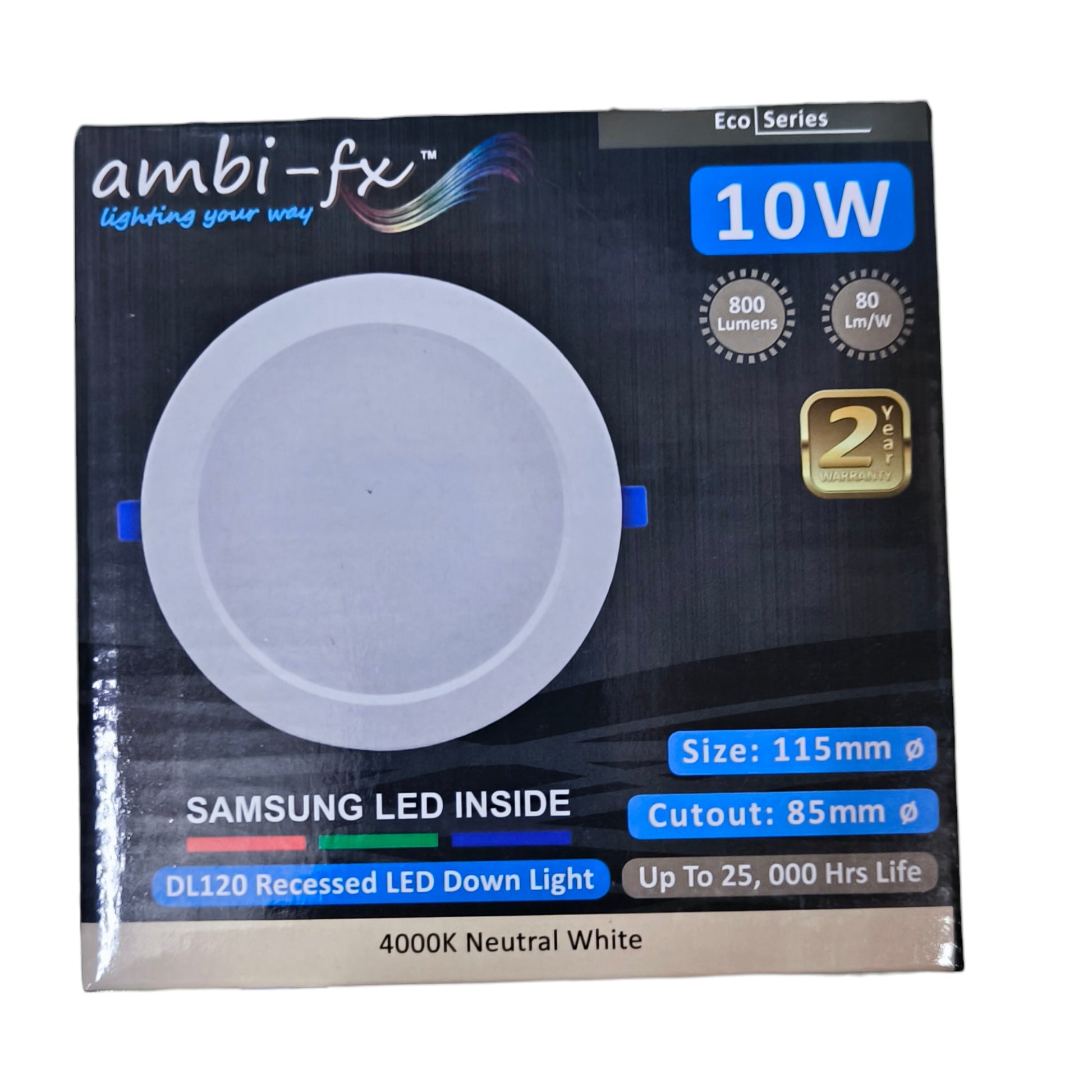 Ambi-fx LED down light packaging with specifications on a white background