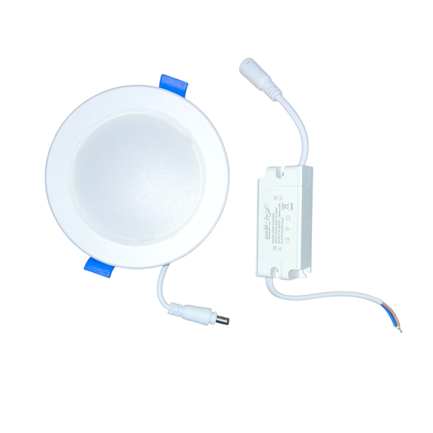 LED downlight fixture with wiring on a white background