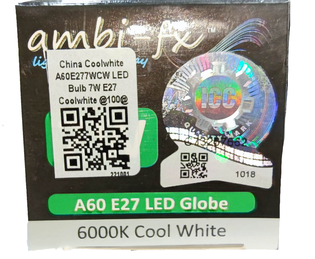 Ambi-fx 7W LED bulb E27 6000K cool white light packaged in black box with holographic seal