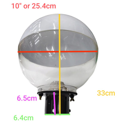 A clear glass globe light fixture with a black base, overlaid with dimension lines and measurements including 10" or 25.4cm diameter, 33cm height, and 6.