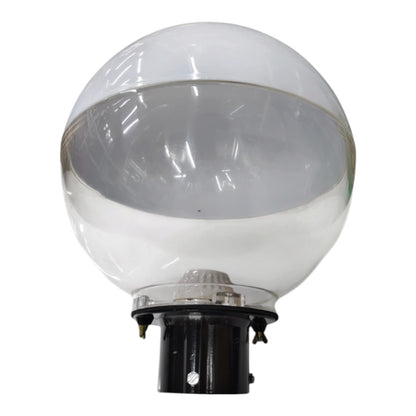 A clear glass globe light fixture with a black metal base, shown against a plain white background.