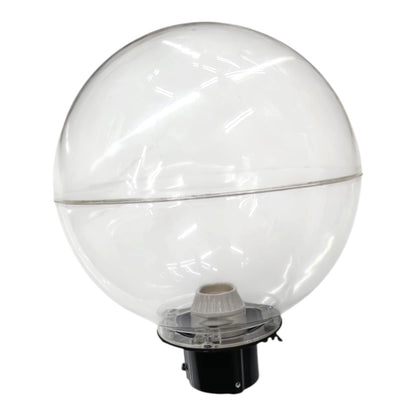 A clear spherical globe light fixture with a transparent dome and a black base, shown against a plain white background.