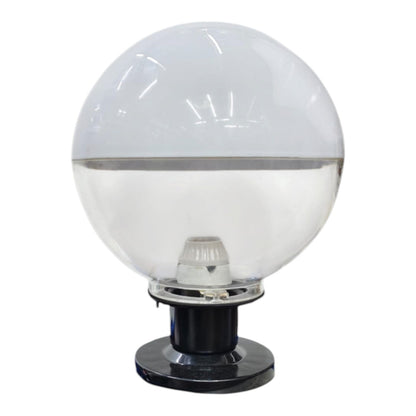 A modern globe street light featuring a clear glass sphere with a horizontal silver band, mounted on a black metal base.
