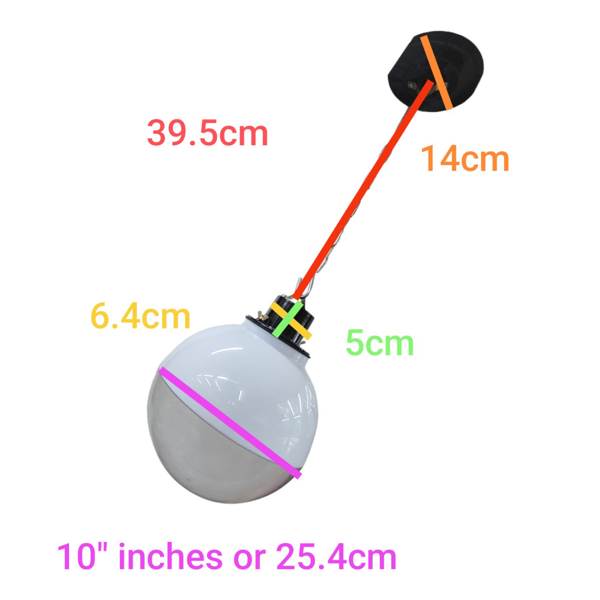 A hanging globe light fixture with overlaid dimension labels showing 39.5 cm, 14 cm, 6.