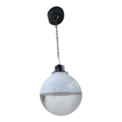A modern spherical pendant light with a frosted white glass globe shade, suspended by a silver metal chain from a black ceiling canopy against a plain white background.