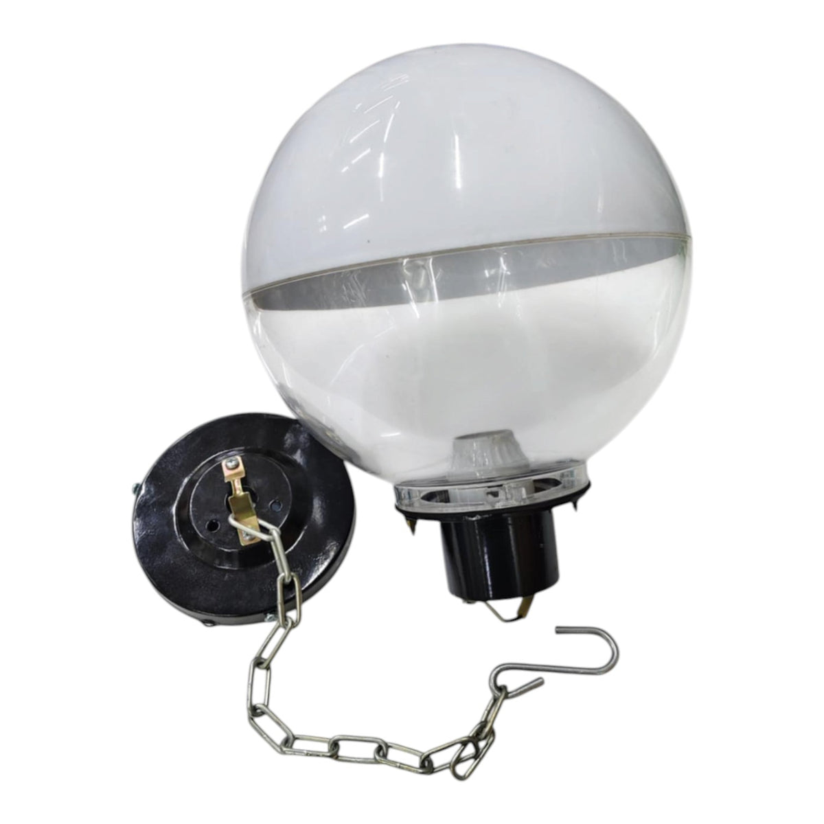 A clear glass globe outdoor light fixture with a black socket base, a black mounting backplate, and a metal chain with hook, shown on a white background.