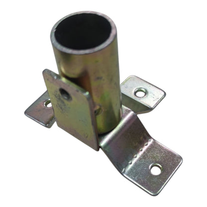 Galvanized steel pipe elbow joint with two L-shaped mounting brackets, shown on a plain white background.