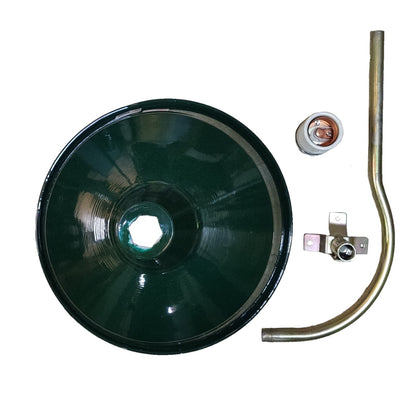 A black metal horn with a hexagonal center opening, shown alongside a curved brass tube, a small cylindrical component, and a small metal fitting on a plain white background.