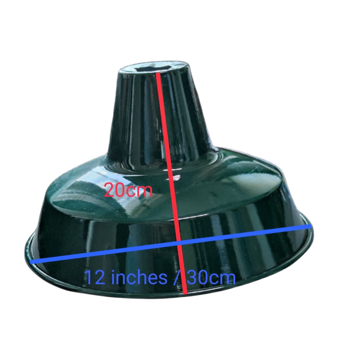 A dark green metal lamp shade or chimney-style funnel with overlaid dimension lines and text showing a height of 20cm and a width of 12 inches / 30cm on a plain white background.