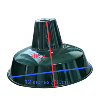 A dark green metal lamp shade or chimney-style funnel with overlaid dimension lines and text showing a height of 20cm and a width of 12 inches / 30cm on a plain white background.