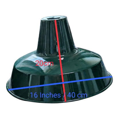 A dark green plastic lamp shade or funnel-shaped light fixture shown on a white background with red and blue measurement lines and text indicating 20 cm height and 16 inches / 40 cm width.