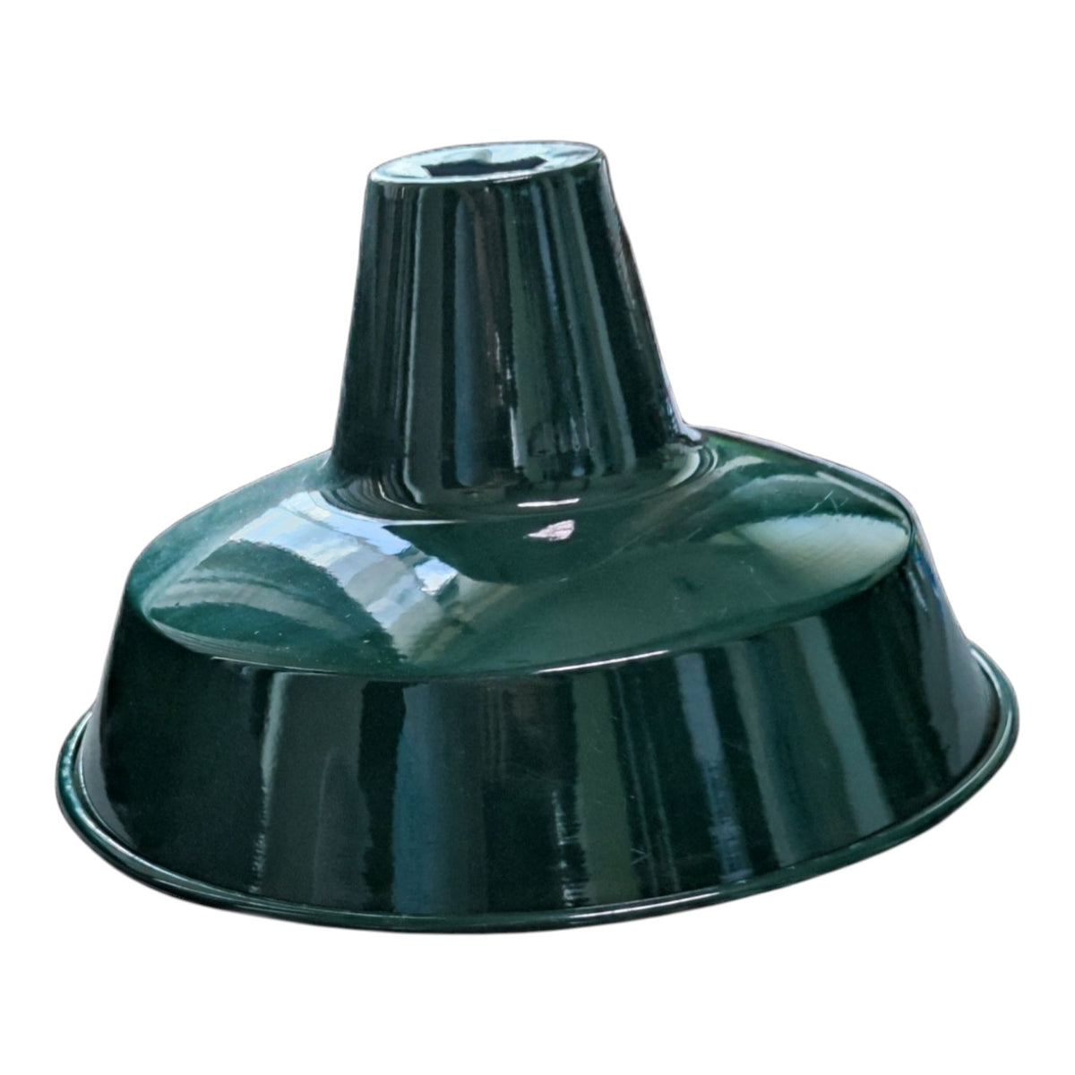 A dark green metal lamp shade or chimney cup with a glossy finish, shown against a plain white background.